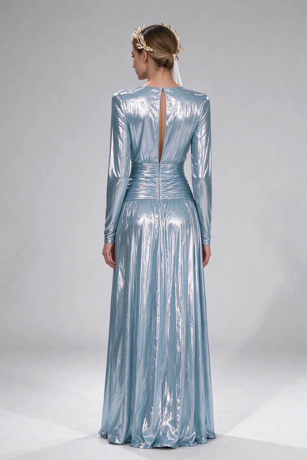 Metallic Light Blue Plunging V-Neck Long Sleeve High Slit Evening Maxi Dress [erp-image:e314cb7e1659f5dc5c854bc6]