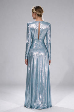 Metallic Light Blue Plunging V-Neck Long Sleeve High Slit Evening Maxi Dress [erp-image:e314cb7e1659f5dc5c854bc6]