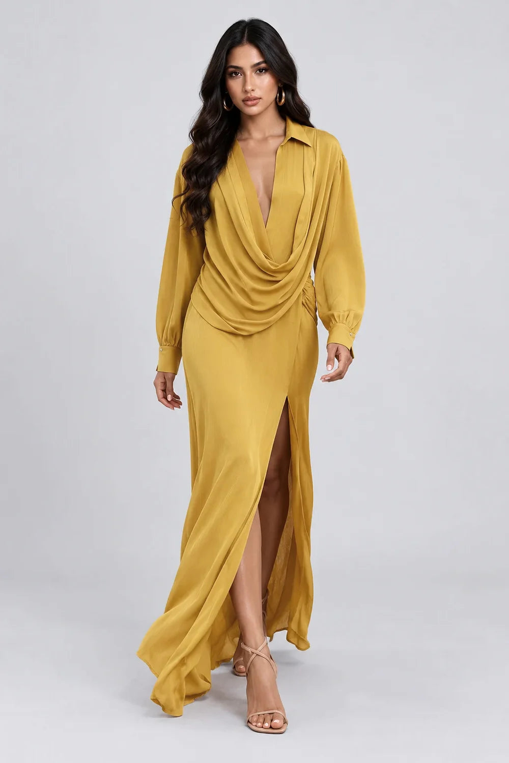 Mustard Yellow Draped Cowl Neck Long Sleeve Maxi Dress with Slit [erp-image:20711affc9f0fef63b04c35c]