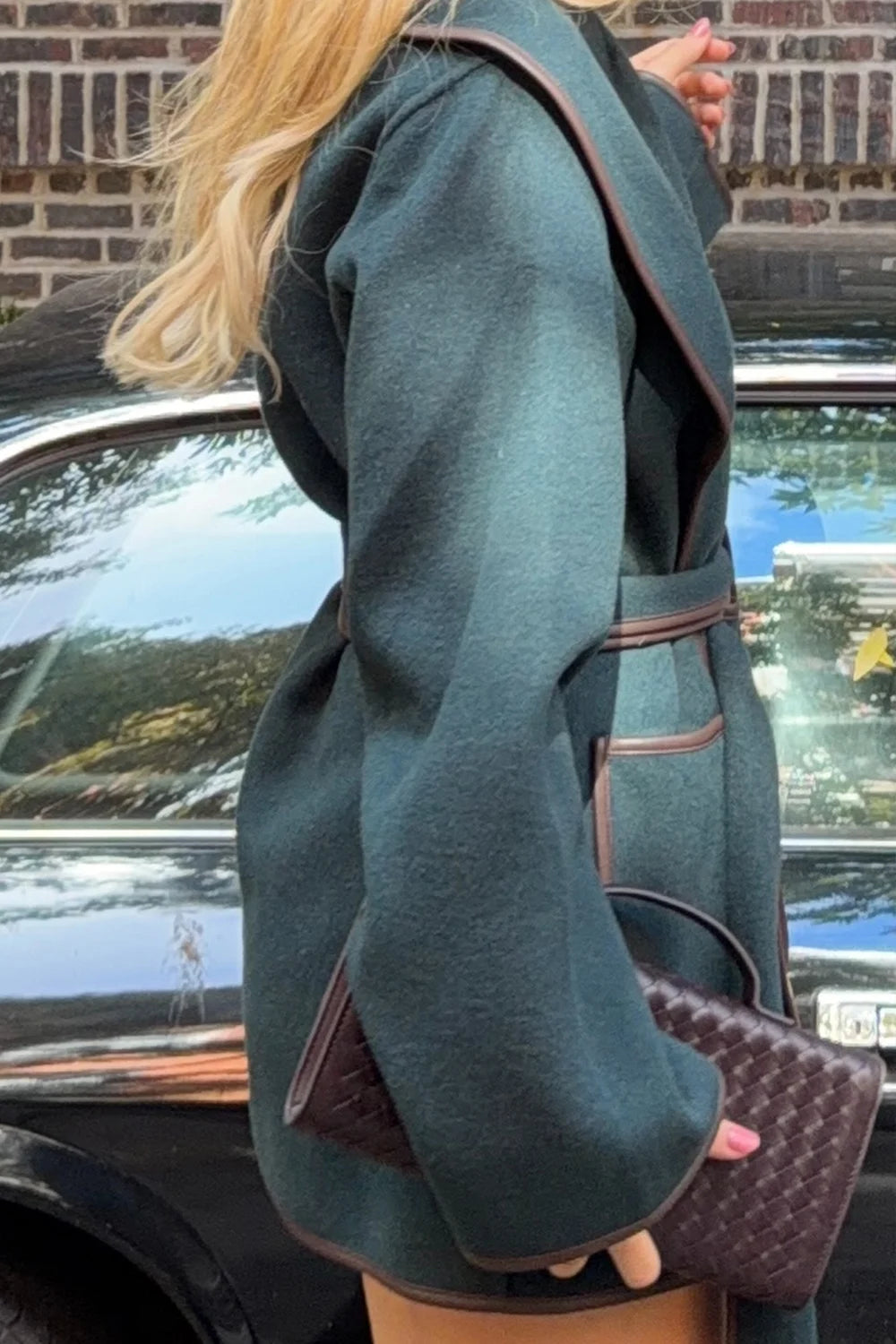 Women's Dark Green Belted Wrap Coat with Contrast Trim and Wide Sleeves [erp-image:7bdeade37235c9b792153abd]