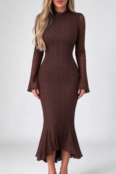 Brown Mock Neck Long Sleeve Lace Mermaid Midi Dress [erp-image:7feacf128be98dc38f03d79a]