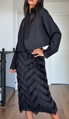 Black Cropped Long Sleeve Jacket and Chevron Fringe Midi Skirt Two Piece Set [erp-image:5f8ea7e82caf640ea23783f7]
