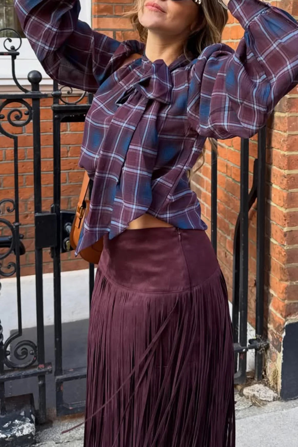 Plaid Bow Tie Blouse and Fringe Maxi Skirt Two Piece Set [erp-image:75f5efb0d52d9dde2db5a3d4]