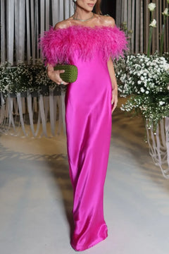 Hot Pink Feather Trim Off-the-Shoulder Satin Column Maxi Dress [erp-image:4bd8be05bbdc9d100d7cbb5f]