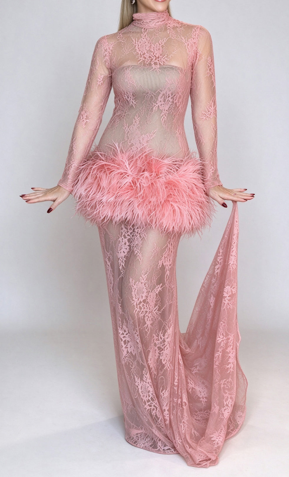 Lace Long Sleeve Feather Trim Maxi Evening Dress