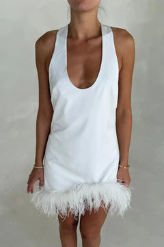 White Satin Feather Hem Halter Sleeveless Mini Slip Dress