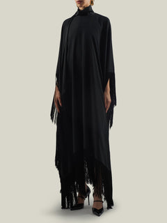 Elegant High-Neck Fringe Trim Asymmetrical Maxi Dress