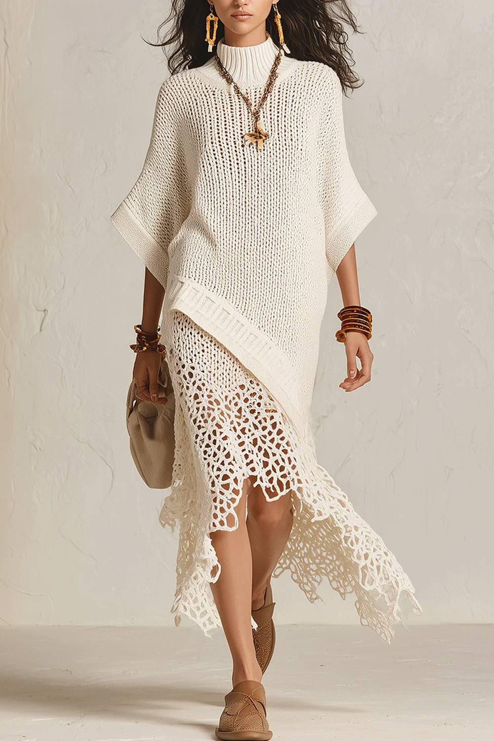 Midi-Neck Bat-Sleeve Knitted Crochet Cutout Dress