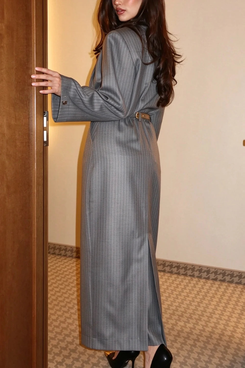 Grey Pinstripe Asymmetric High Neck Long Sleeve Top and Maxi Skirt Two Piece Set [erp-image:beb1c4e0a5a26b2ec066d63c]