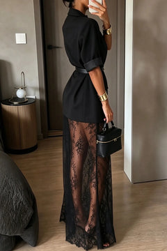 Black Short Sleeve Blazer Jacket and Sheer Lace Maxi Dress Two Piece Set [erp-image:ef86ebdaf814bf2831e93e06]
