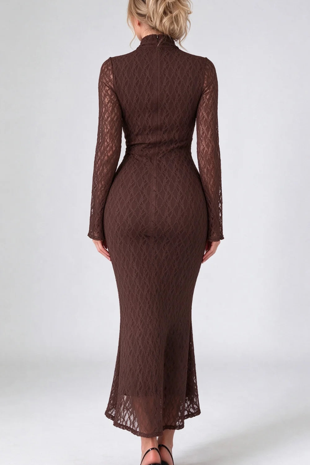 Brown Mock Neck Long Sleeve Lace Mermaid Midi Dress [erp-image:9630955edf191533be4dbdcf]