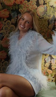 Baby Blue Feather Trim Long Sleeve Top and Mini Skirt Two Piece Set [erp-image:e916046f3b61133176a58b15]