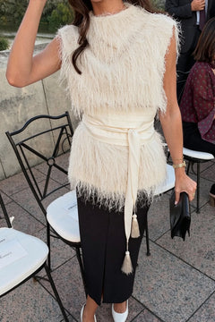 Feather Sleeveless Sweater Top and Front Slit Midi Skirt Two Piece Set [erp-image:d0be523ab841c5ea2a9d1ec4]