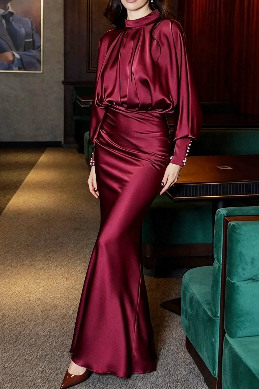Burgundy High Neck Bishop Sleeve Gathered Bodice Satin Maxi Dress [erp-image:06f892fdb5d048b33cb8a3c8]