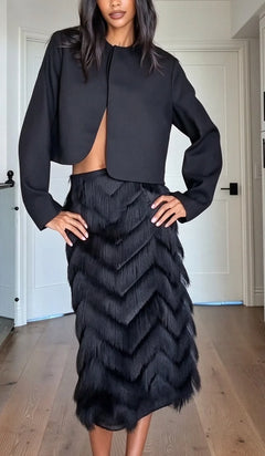 Black Cropped Long Sleeve Jacket and Chevron Fringe Midi Skirt Two Piece Set [erp-image:dcee916eee2788c00318e315]