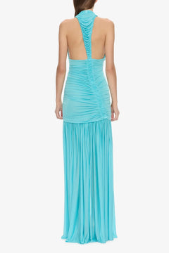 Sky Blue Halter Plunge Neck Ruched Drop Waist Maxi Dress [erp-image:80f8b63e8da81ba2d4867657]