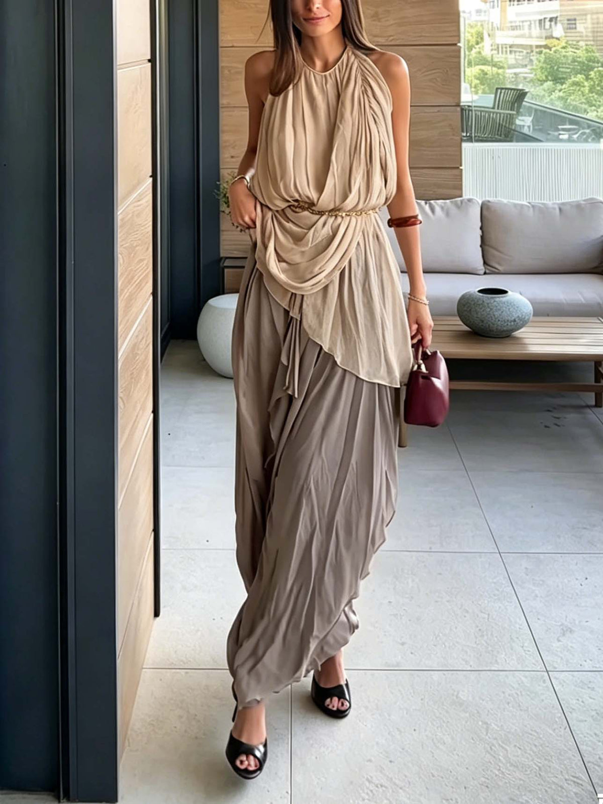 Casual Elegant Flowy Chiffon Draped Wide-Leg Pants Two-Piece Set