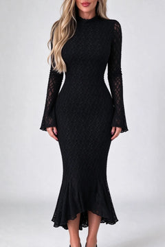 Brown Mock Neck Long Sleeve Lace Mermaid Midi Dress [erp-image:89753379c0e73bddd00cc1c8]