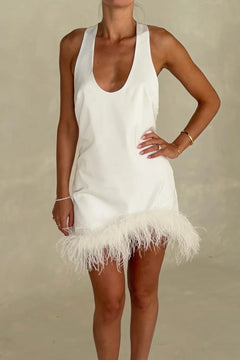 White Satin Feather Hem Halter Sleeveless Mini Slip Dress