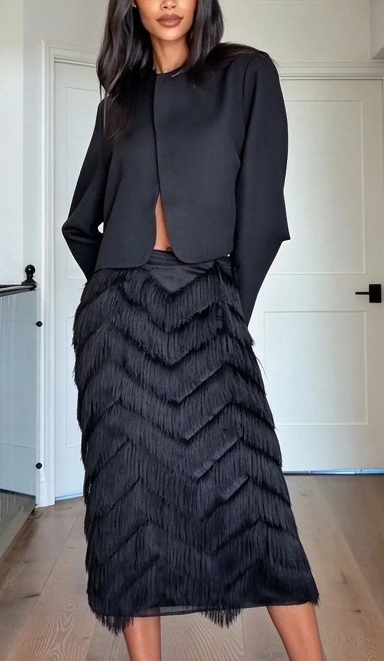 Black Cropped Long Sleeve Jacket and Chevron Fringe Midi Skirt Two Piece Set [erp-image:45f969acfbca65838a0296de]