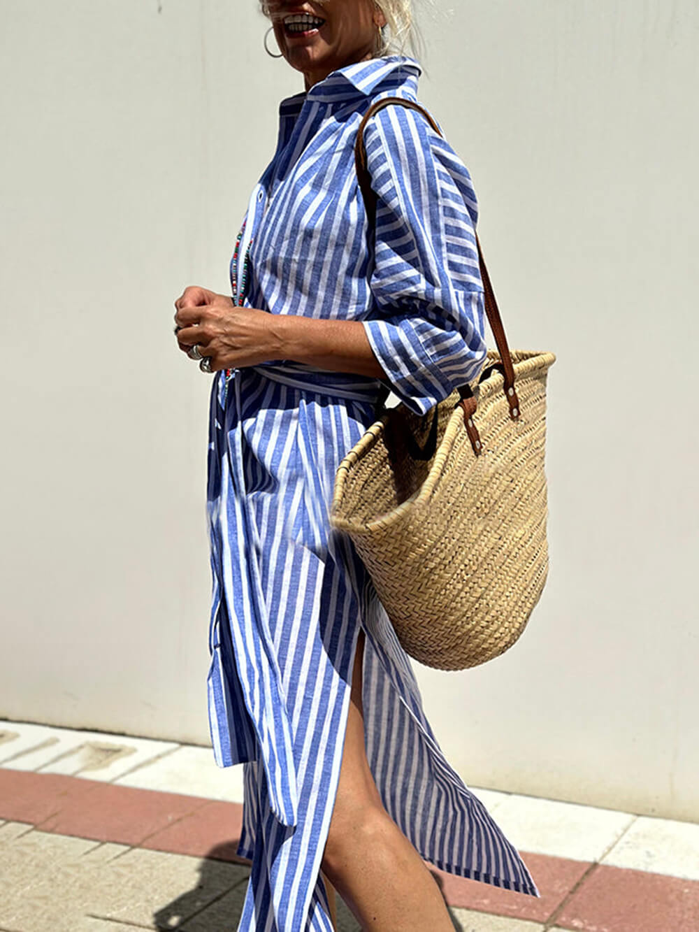 Splendor Stripes Printed Button Half Sleeve Belt Shirt Midi Dress-Likemychoice