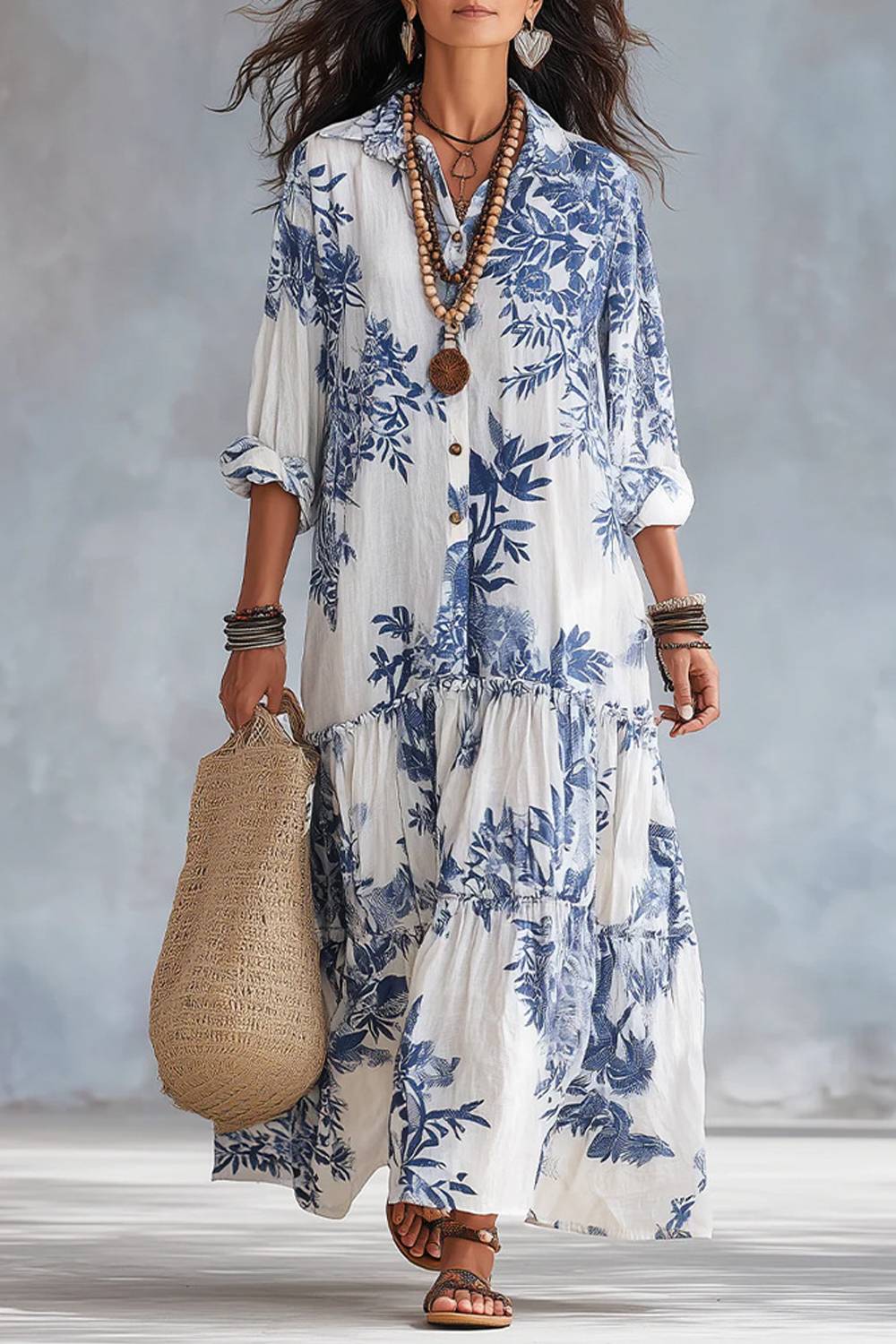 Collared Botanical Floral Print 3/4 Sleeve Button‑Front Tiered Shirt Maxi Dress