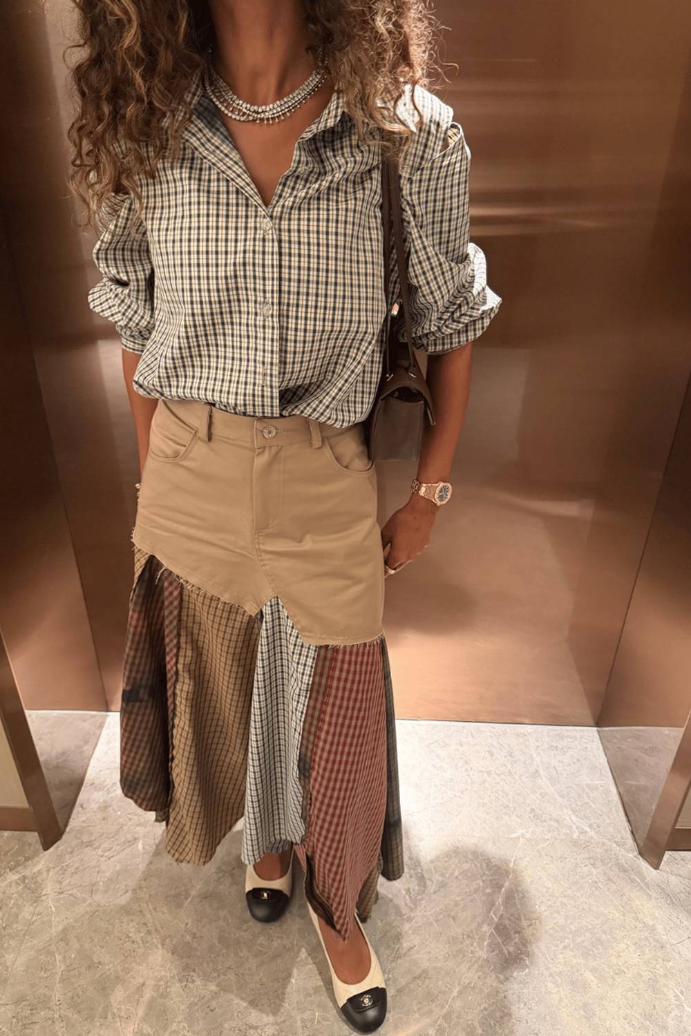 Plaid Cutout Shirt & Patchwork Midi Skirt Two Piece Set