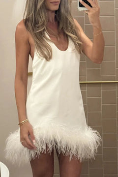 White Satin Feather Hem Halter Sleeveless Mini Slip Dress