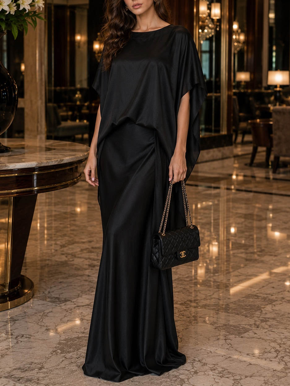 Elegant Satin Drape Belt Skirt Two-Piece Set