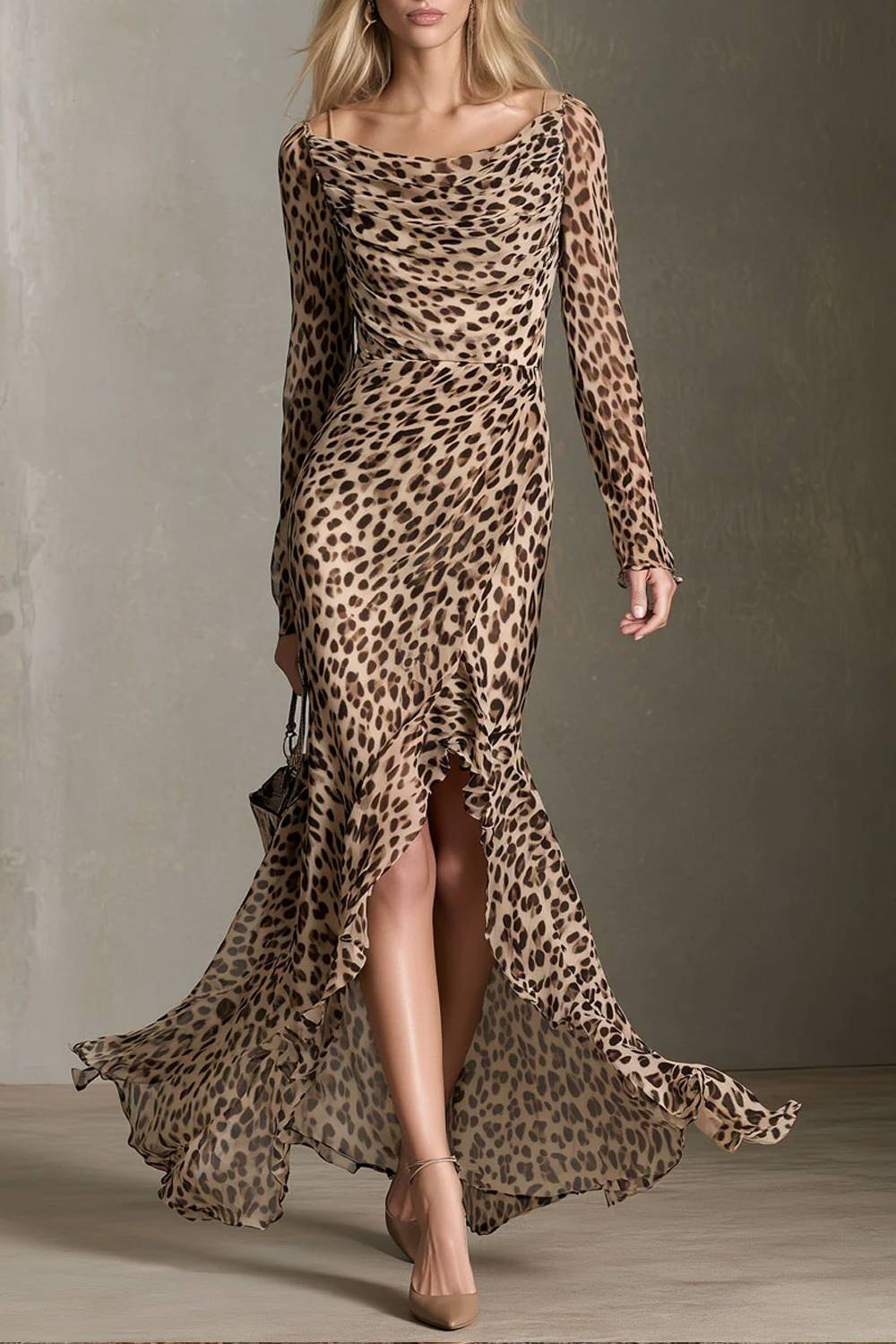 Draped Neck Leopard Print Ruffle Slit Maxi Dress