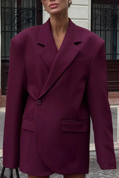 Women's Burgundy Oversized Single-Breasted Blazer with Notched Lapel