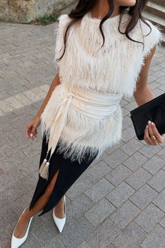 Feather Sleeveless Sweater Top and Front Slit Midi Skirt Two Piece Set [erp-image:46828e82f63084c701ff11e8]