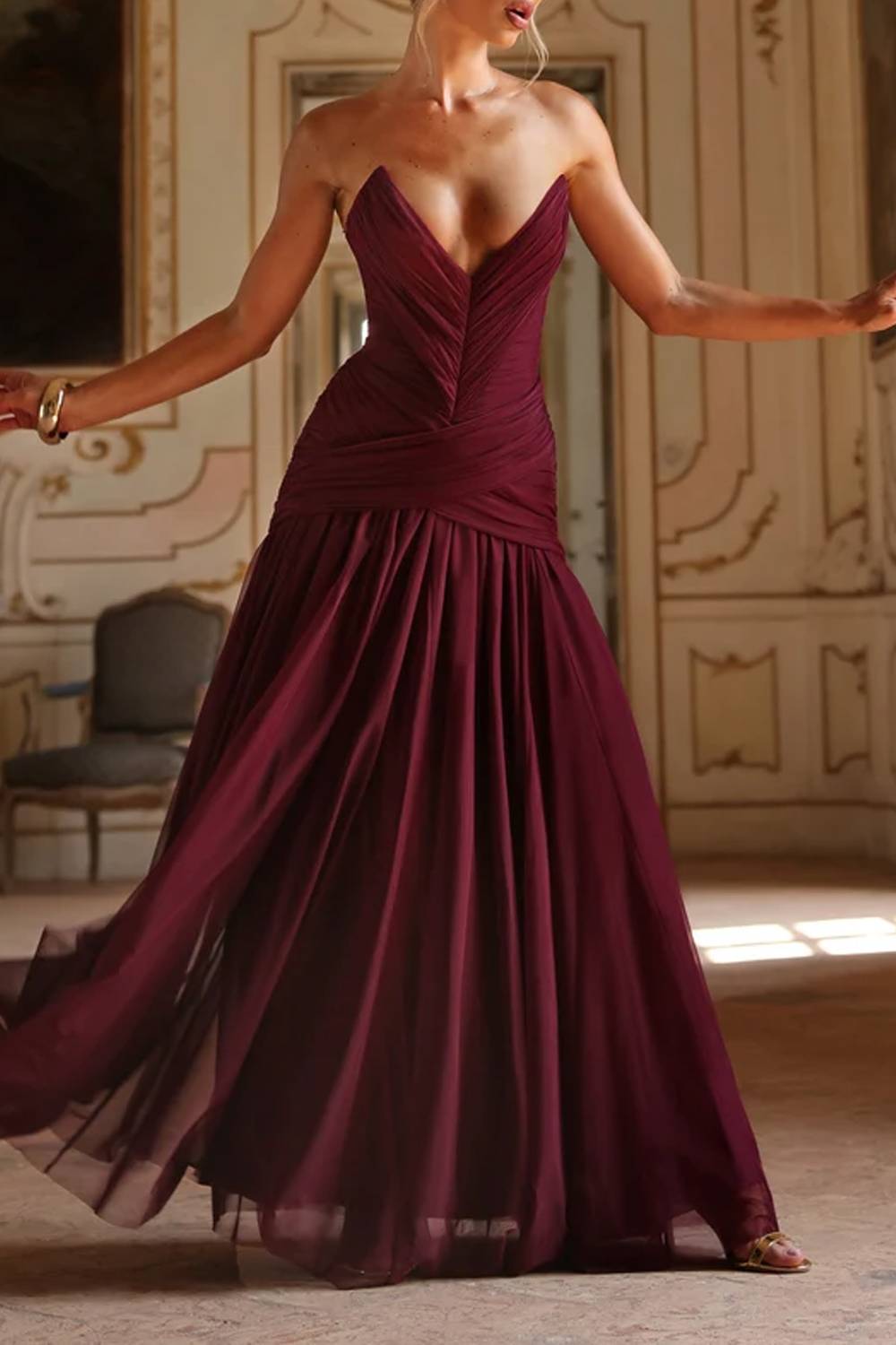 Strapless Deep‑V Ruched Waist Tulle Flowy Maxi Evening Gown