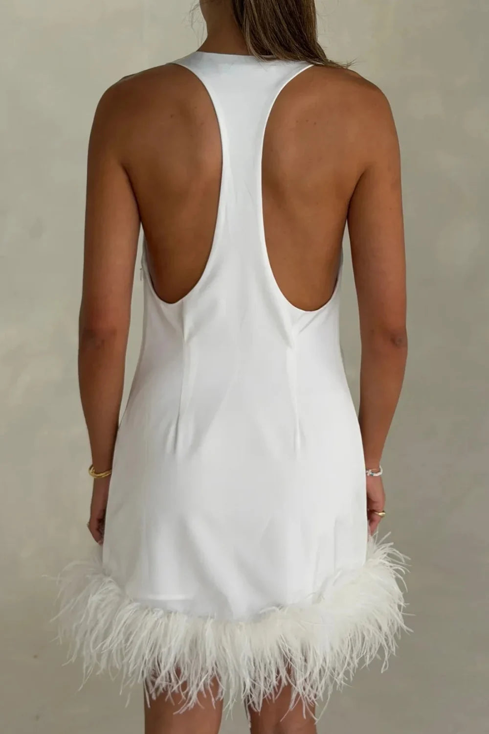 White Satin Feather Hem Halter Sleeveless Mini Slip Dress