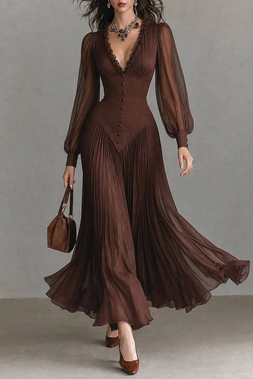 Vintage V-Neck Puff Sleeve Dress