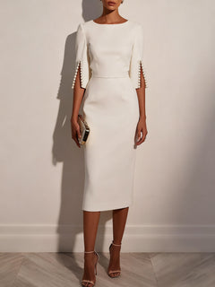 Elegant Round Neck Pearl Short Sleeve Midi Dress-Likemychoice