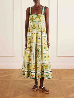 Exquisite Floral Print Scalloped Trim Midi Dress