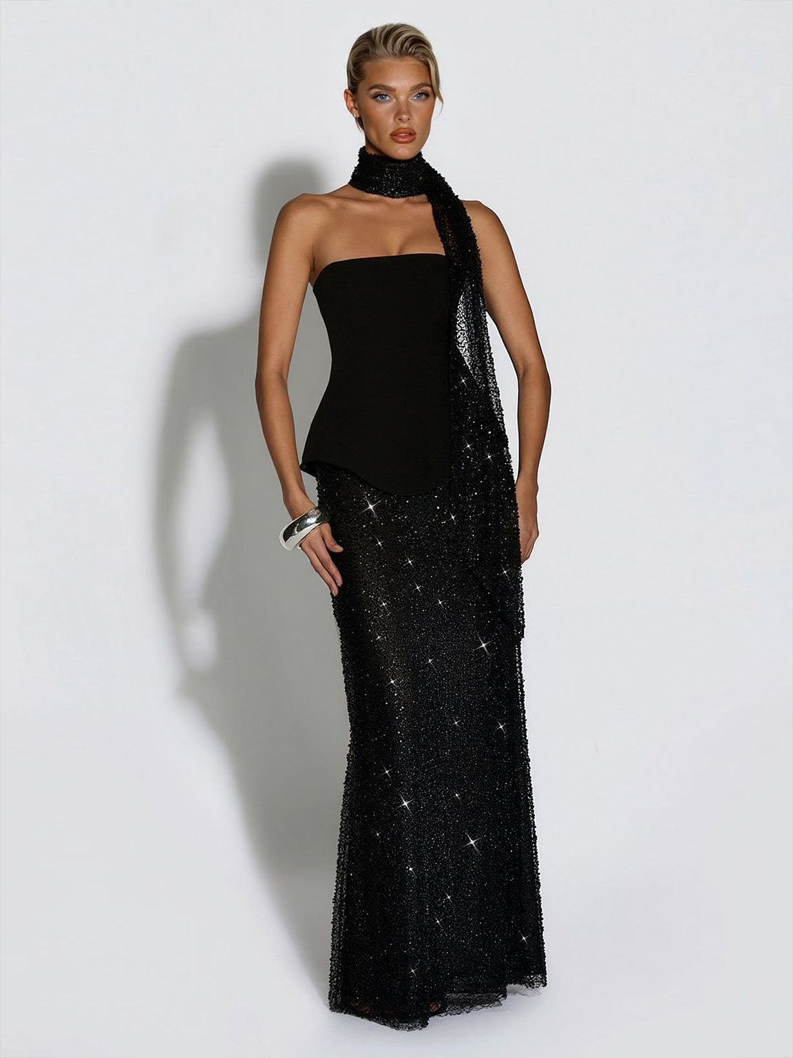Elegant Strapless Sequin Skirt And Shawl Two-Piece Set