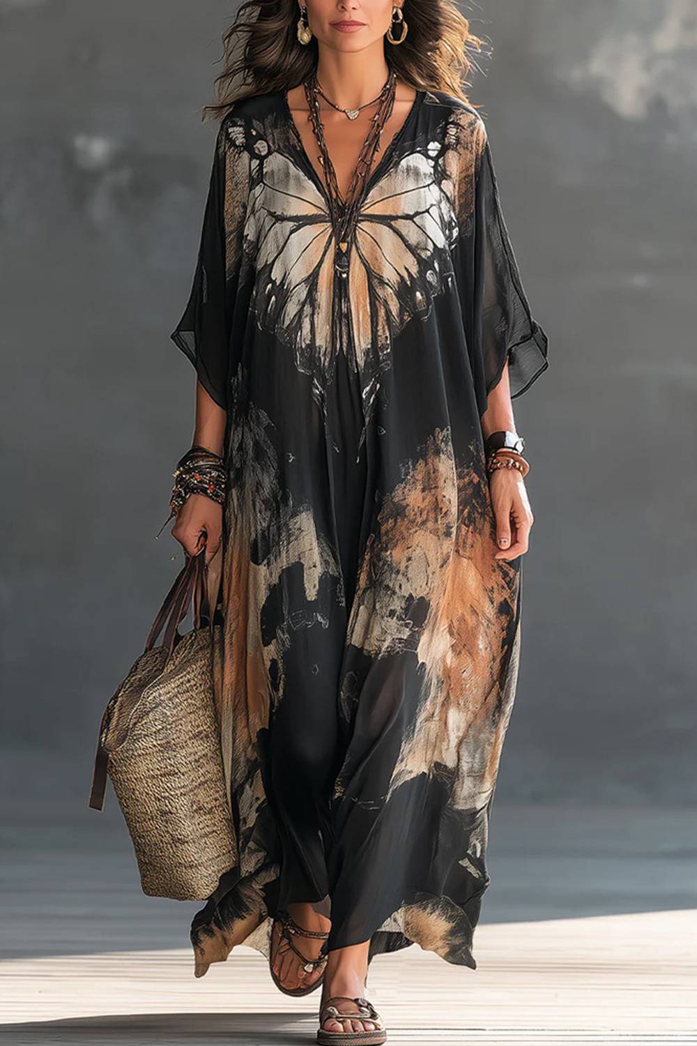 Butterfly Print V‑Neck Loose Kaftan Maxi Dress