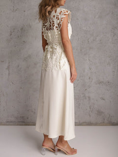 Elegant Cutout Lace Top & Satin Dress Two-Piece Set
