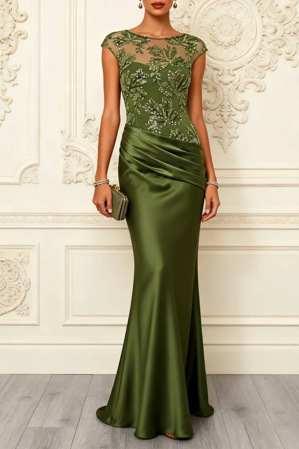 Illusion Neck Lace Appliqué Satin Mermaid Formal Maxi Dress