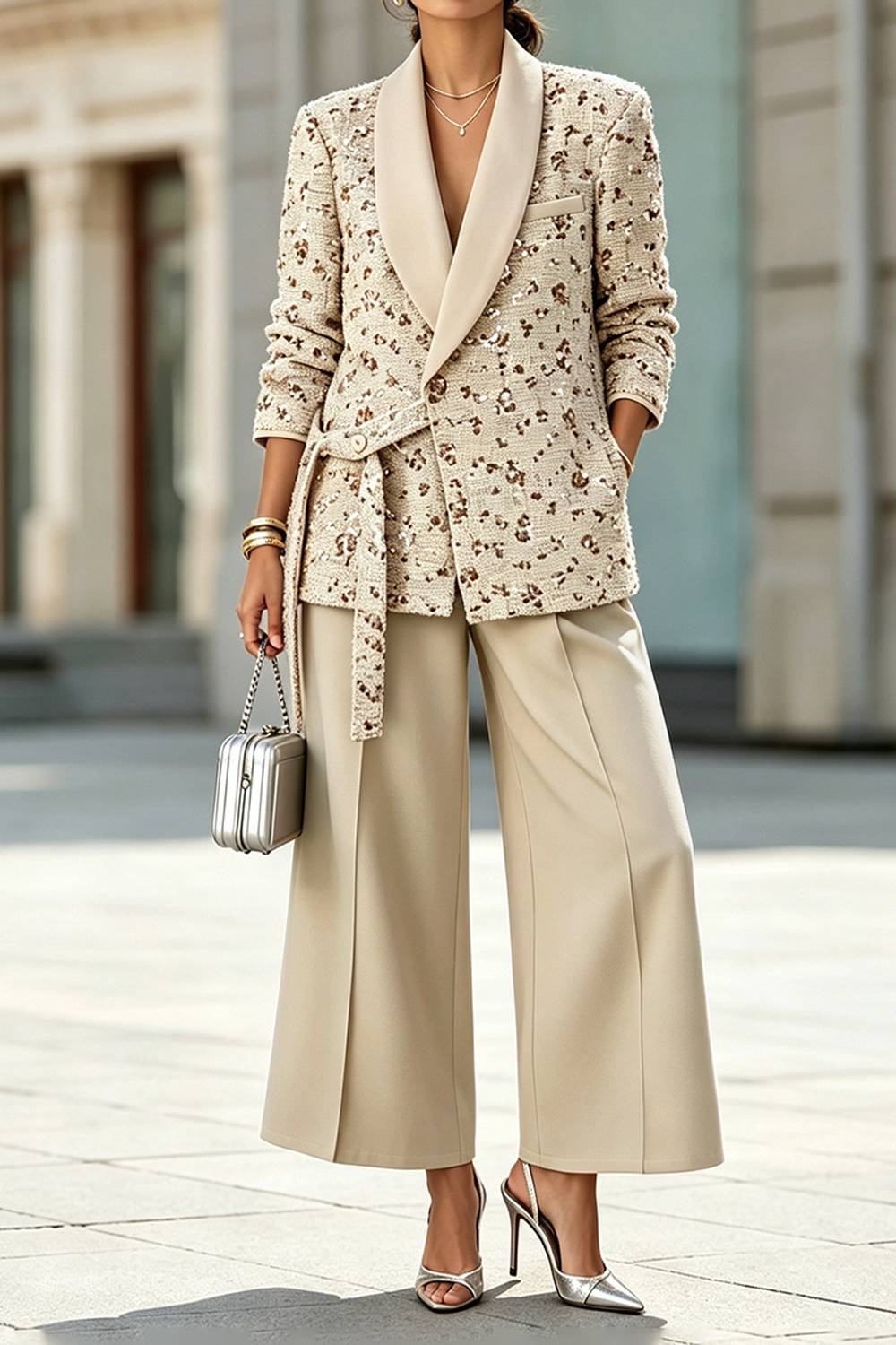 Minimalist commuter-style blazer with wide-leg pants set