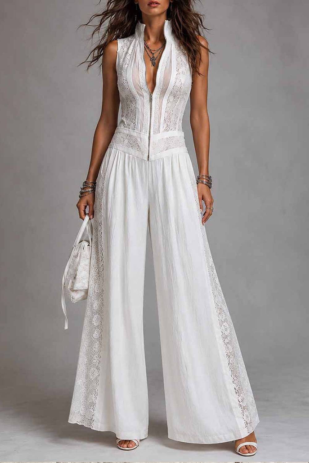 Sleeveless Zip‑Front Lace Spliced Wide Leg Jumpsuit