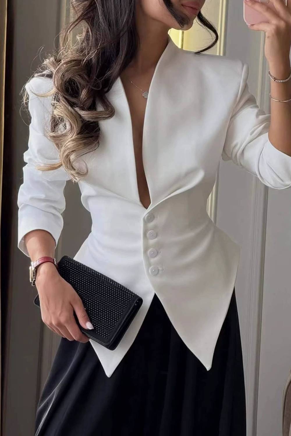 Lapel‑Free Deep V Single‑Breasted Fitted Pointed‑Hem Blazer Top