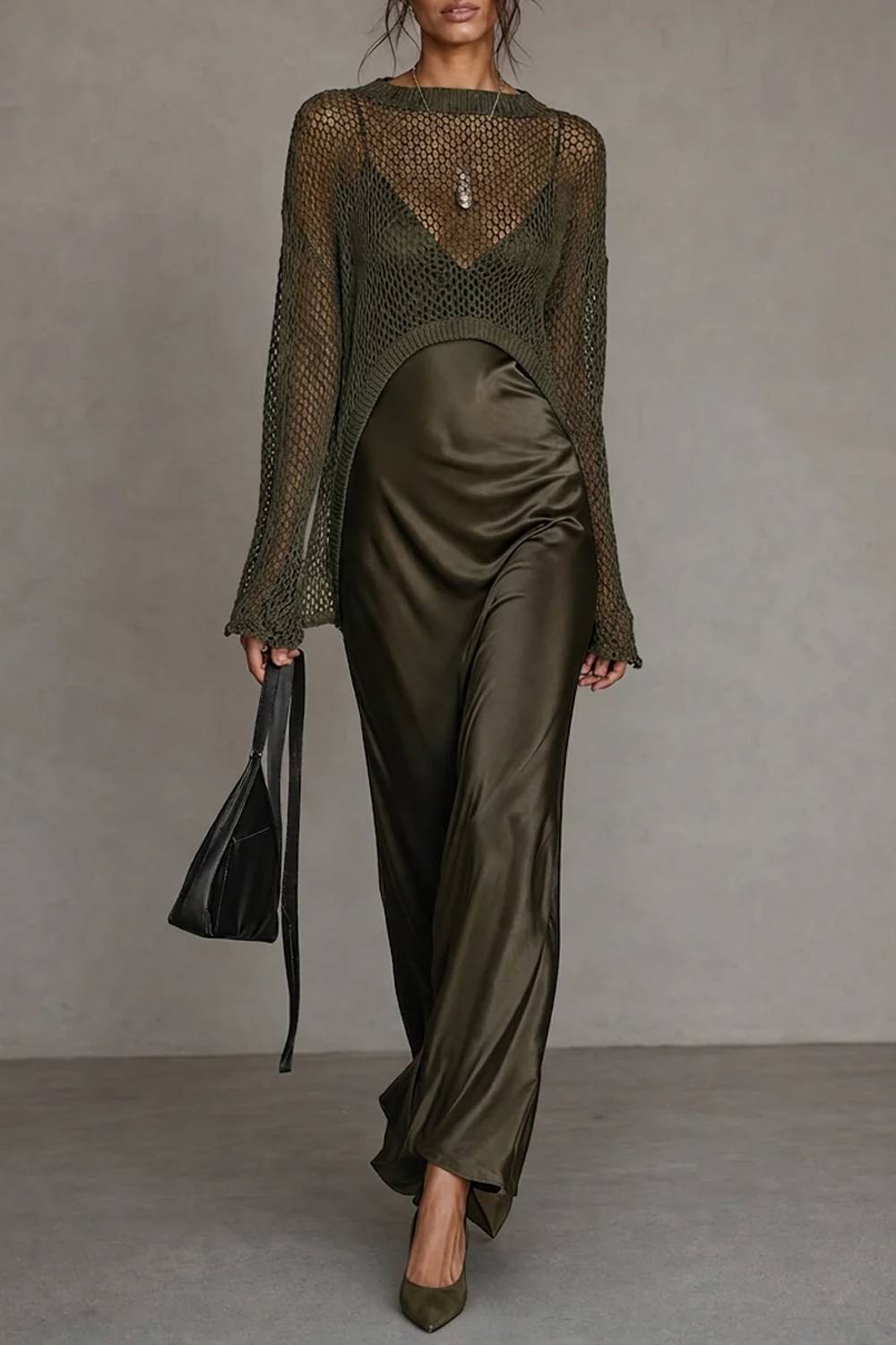 Two‑Piece Outfit Hollow Knit Cover Up & Satin Slip Maxi Dress Set