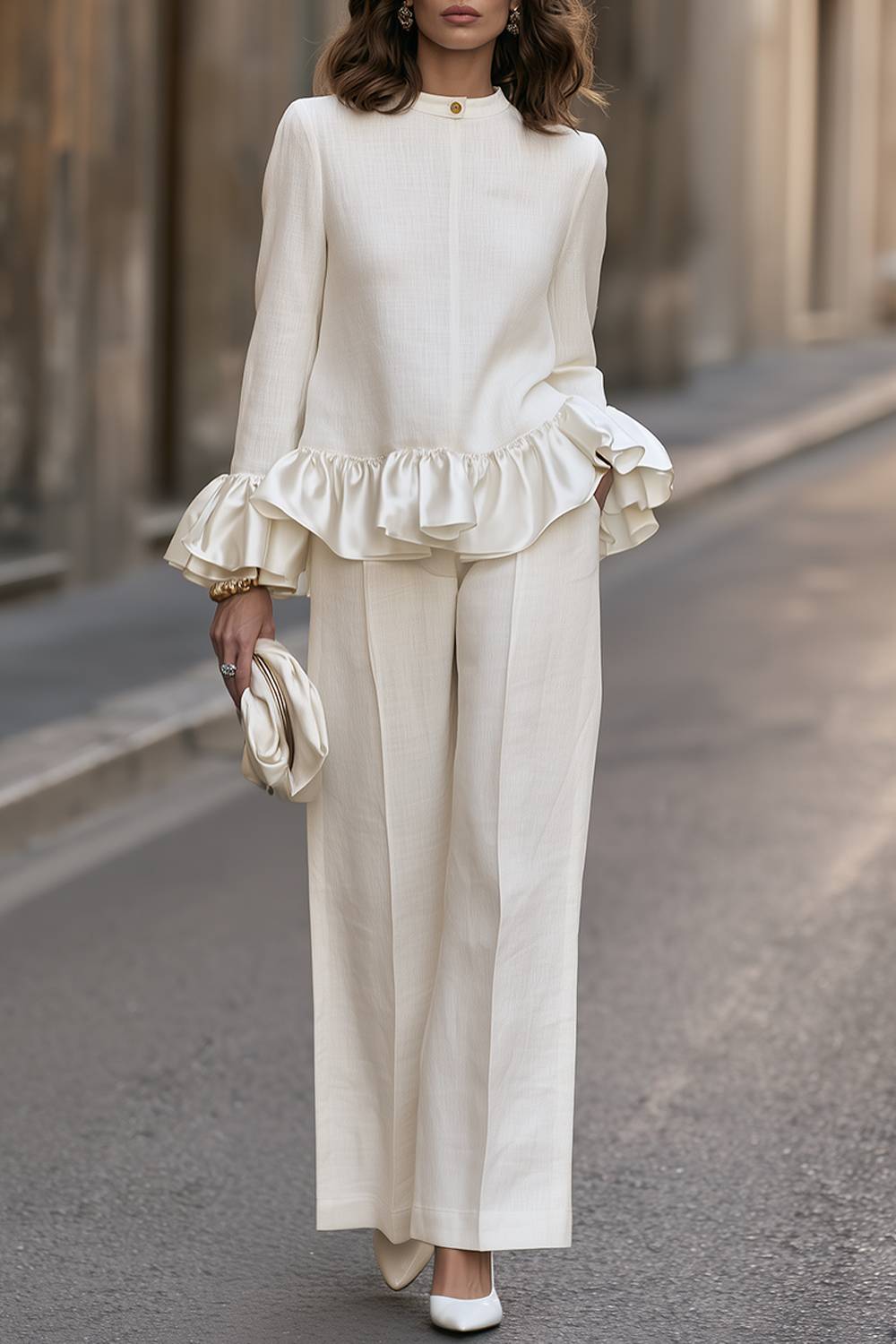 Ruffle Long Sleeve Top & Wide Leg Pants Two‑Piece Set