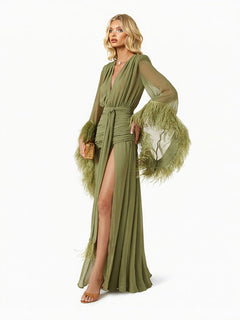 Elegant V-Neck Feather Cuff Flowing Chiffon Maxi Dress