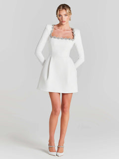 Elegant Square Neck Crystal Embellished Mini Dress
