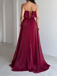 Elegant Strapless Ruffle High Slit Corset Maxi Dress