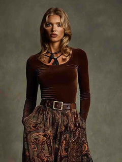Retro Stretch Velvet Top And Paisley Print Maxi Skirt Set